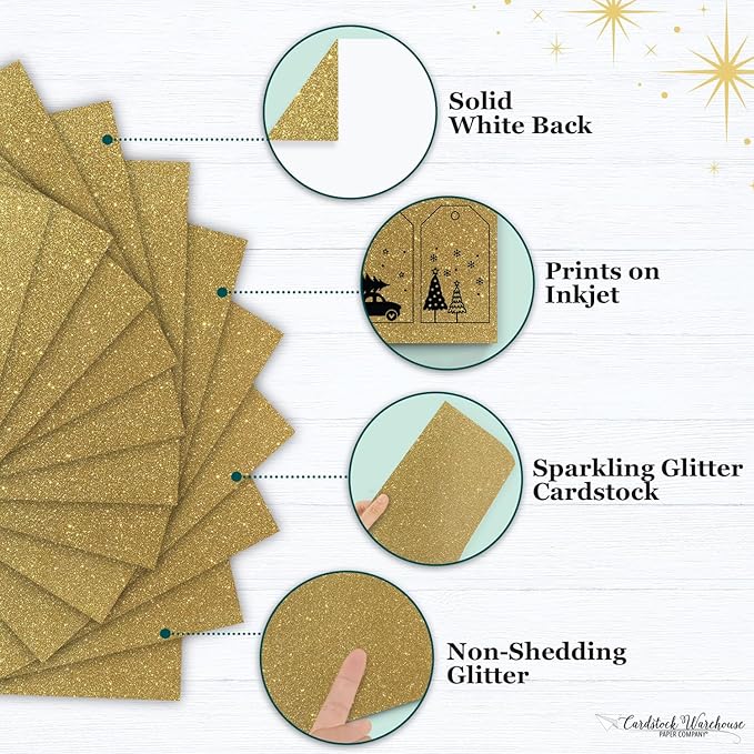 Cardstock Warehouse Diamond Print Inkjet Glitter - Premium Gold Glitter Cardstock Paper – 15 Sheets, 8.5 x 11" - 104 lb/280 GSM for Inkjet Printing, Die-Cutting, Card Making, Crafts, and DIY Projects