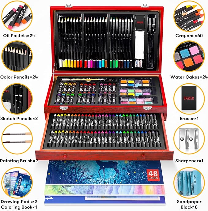 iBayam Art Supplies, 150-Pack Deluxe Wooden Art Set Crafts Drawing Painting Kit with 2 -Sketch Pads, 1-Coloring Book, Gift Box for Kids Adults Artist Beginners Teens Girls Boys 5 6 7 8 9 10 11 12