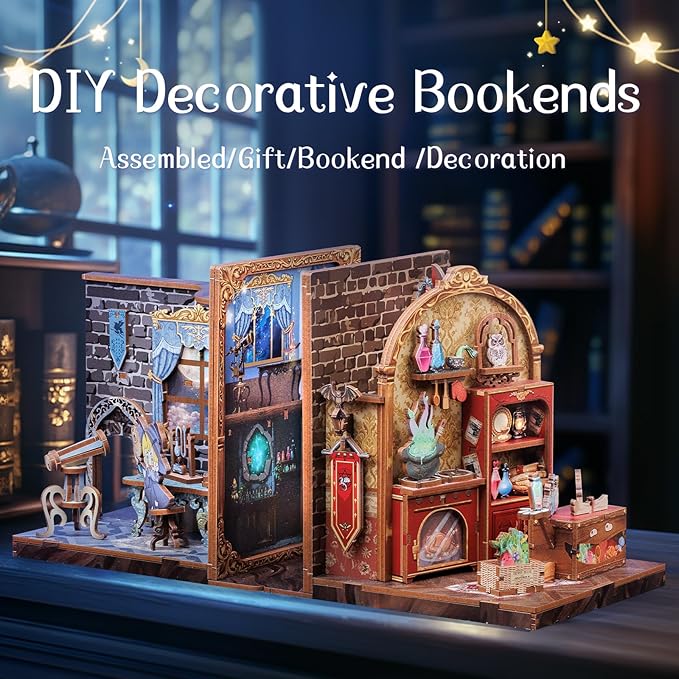 Cutefun 2Pcs Book Nook Kit, DIY 3D Wooden Puzzles for Adults and Teens, Bookends Decorative for Shelves Book Nook Kits for Adults, Bookshelf Decor Gifts for Friend (University of Miracle)