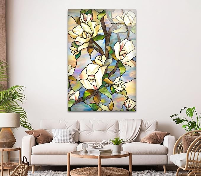 My Photostation.com 14Wx20H'' Stained Magnolia Glass Wall Art Tempered Glass Printing Wall Decor Large Wall Art Wall Hangings