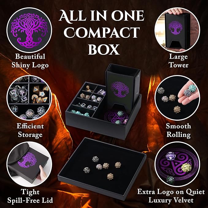 Dice Tray and Dice Tower for DND and RPG - All-in-One Game Roamer Tray & Large Tower for Random Rolls - Stores Your Sets, Mini's and More Compatible with D&D (Purple Tree)