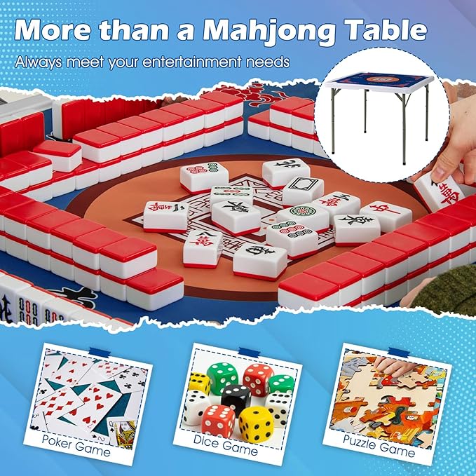 Giantex Folding Mahjong Table, 35" Square Card Table with Cup Holders, Removable Noise Reduction Mat, HDPE Tabletop, 4-Player Portable Domino Tables for Poker Blackjack Board Game (Navy)