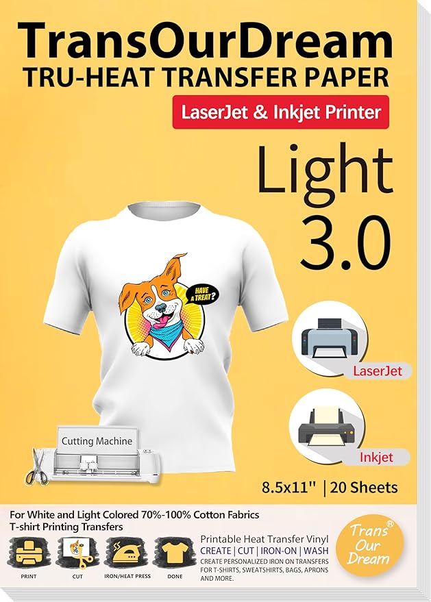 TransOurDream Tru-Heat Transfer Paper for Inkjet & Laserjet Printer (20 Sheets 8.5x11, 3.0) Printable HTV Heat Transfer Vinyl for T Shirts Iron on Transfers for Light Fabrics (TRANS-L3-1-20)
