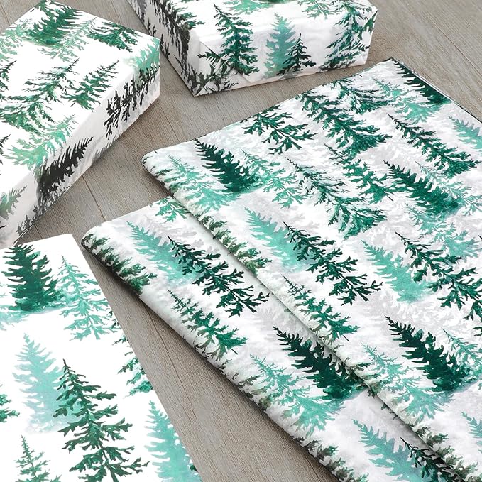 100 Sheets Christmas Tree Tissue Paper, 20x14in Forest Style Wrapping Tissue Watercolor Xmas Tree Art Tissue for Xmas Party Gift Bag Fillers Winter Party Decor (Blush Green)