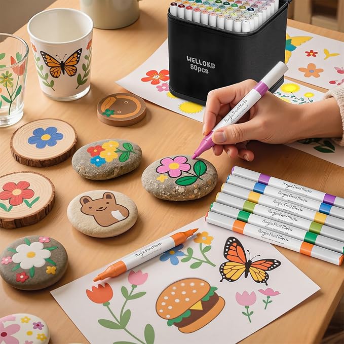 Acrylic Paint Markers,80 Colors Acrylic Markers,Dual Tip Paint Pens for Painting Rocks,Fabric,Wood, Glass,Coloring Books,Paper,DIY Crafts Art School Supplies for Adult,Pumpkin Painting Kit