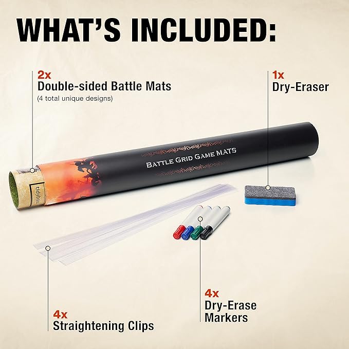 TIDYBOSS d&d Starter Set | 2 X Double Sides 4 Terrains 24x 36 Game Grid Mat | DND Accessories Includes Dry Erase Markers, Eraser and Clips