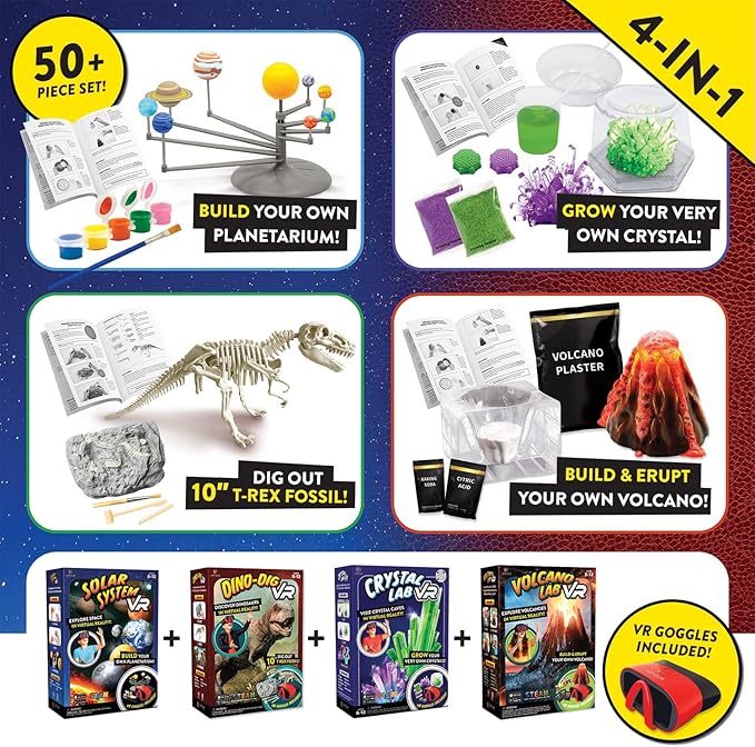 Abacus Brands Virtual Reality 4 in 1 Deluxe VR Lab - Illustrated Interactive VR Book and STEM Learning Activity Set (Solar System, Dino-Dig, Crystal and Volcano) - for Ages 8 and Up