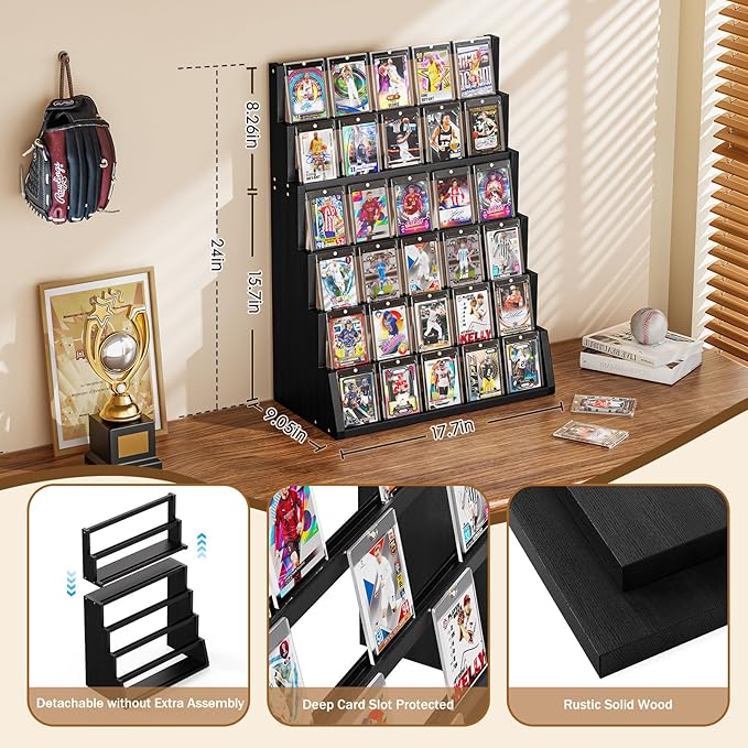 Emfogo Card Display Stand, 6-Tier Trading Card Display, Wood Detachable Graded Card Display with Top Storage, High Capacity Trading Card Display Stand for Collection & Show (Black)