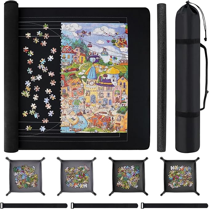 Puzzle Mat Roll Up with Drawstring Storage Bag, Portable Saver Pad 46” x 26” Up to 1500 Pieces with Non-Slip Rubber Bottom & Smooth Top + 4 Puzzle Sorting Trays & Travel-Friendly Storage Bag