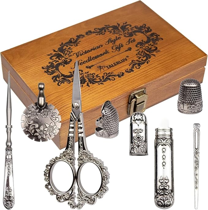 Vintage Embroidery Scissors Kit - Victorian Needlework Set with Thimble, Thread Cutter & Sewing Tools for Knitting, Quilting, Cross Stitch | Craft Gift