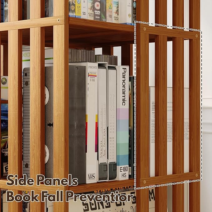 XIMN 360° Rotating Bamboo CD/DVD Shelf - 6-Tier Space-Saving Media Storage Cabinet for Movies, Organizer with Super Compact Design (Walnut, 6 Tier)