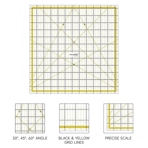 KERING Extra-Large Quilting Ruler - 12.5x12.5 inch Anti-Slip Acrylic Ruler for Patchwork Piecing, Bias Strips & Rotary Cutting, Professional Quilter's Must-Have Tool