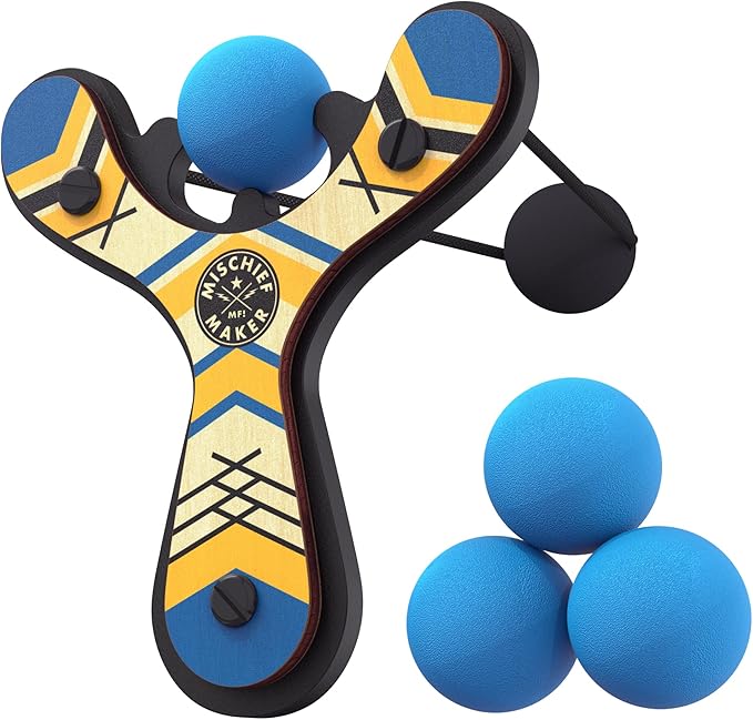 Mighty Fun! - Mischief Maker® Wooden Slingshot - Classic Series - Real Wood Slingshot for Kids, 4 Soft Foam Balls and Storage Bag - Ages 4+ (Blue)