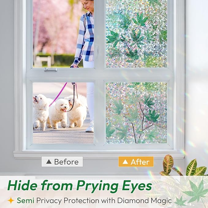 rabbitgoo Rainbow Window Privacy Film Decorative Stained Glass Diamond Pattern Window Sticker with Iridescent Tint Non-Adhesive Static Cling for Home Office Bathroom, Green Leaf 17.5 x78.7 inch