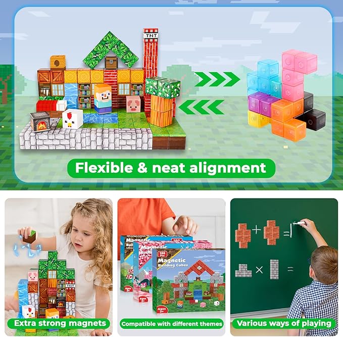 Magnetic Blocks-100PCS Grassland Building Blocks Set, Kids Classroom Sensory Toy, STEM Learning, Construction Stacking Toy for Kids 3+ Boys & Girls