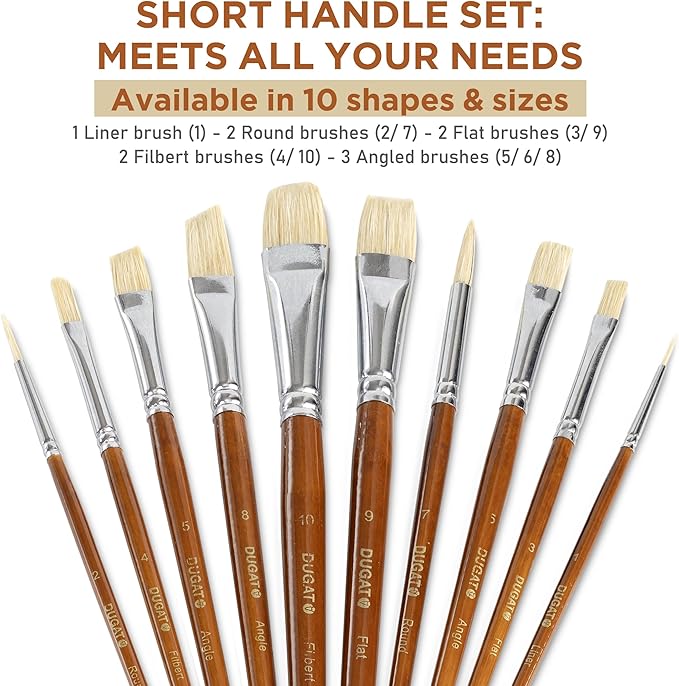 10pcs Short Handle White Hog Hair Artist Paint Brush Set by DUGATO Perfect for Acrylic Oil Gouache Watercolor, Painting Brushes Kit for Kids, Adults Fabulous for Canvas & Fabric