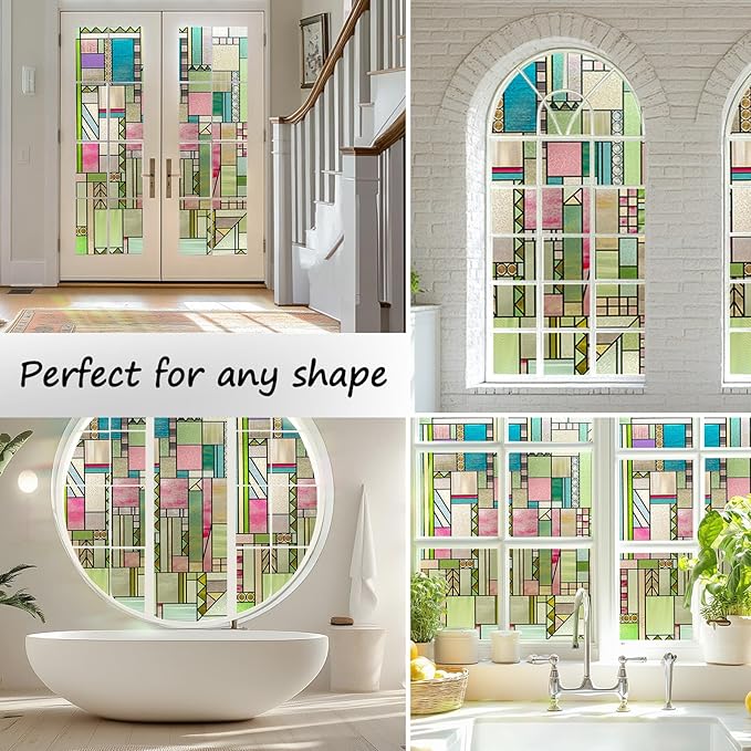 3D Stained Glass Window Privacy Film, Heat Control UV Blocking Static Cling Decorative Window Film for Bathroom,Front Door,Home Non Adhesive 16.9 x 78.7 inches Colorful Abstraction