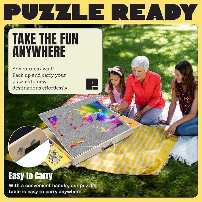 Puzzle Ready Jigsaw Puzzle Table with Drawers - 24x30 in, Wood, 1,000 Pc, 3 Angles - Color-Coded Puzzle Trays for 1,000-Pc Sorting - Tilt Angles for Jigsaw Workstation Table - Portable w/Handle