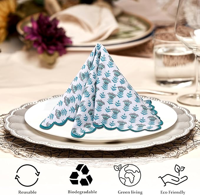 Ridhi Aquamarine Blue Hand Block Print Napkins 18" x 18" Set of 4 Reusable Cotton Dinner Napkins for Weddings, Parties & Everyday Dining, Thanksgiving, Christmas, Fall