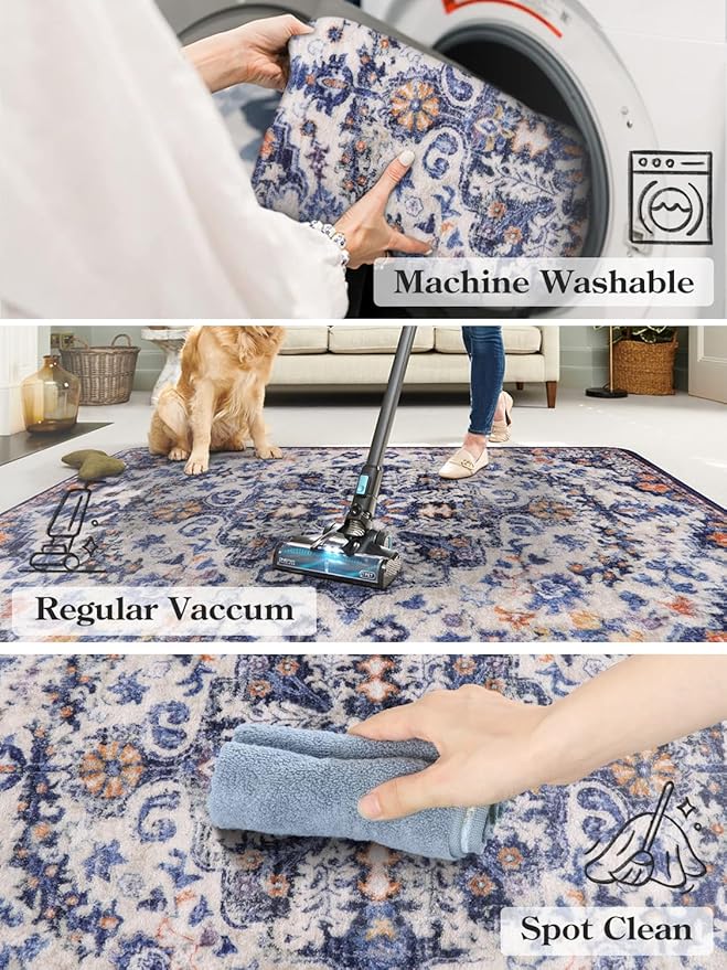 Lahome 2x6 Blue Washable Hallway Runner Rug, Bohemian Floral Medallion Kitchen Carpet Runner, Soft Non Skid Floor Runners for Bathroom Bedroom Vanity Office Sunroom