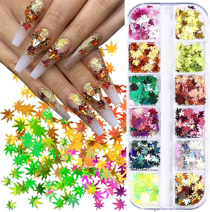 Thanksgiving Glitter Maple Leaf Nail Sequins Holographic Laser Mixed Color Fall Nail Flakes Design Nail Charms 3D Confetti Nail Art Stickers Maple Leaves Nail Glitter Sequins for Women