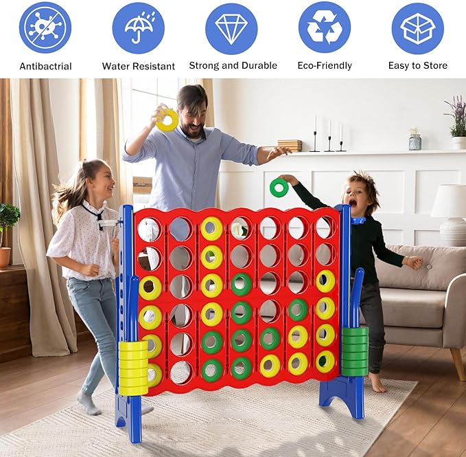 Oversized 4 in a Row Connect Game+Waterproof Carry Bag,Included-4 ft X 3.5 ft Tall,4-to-Score Jumbo with 44 Pieces Rings&Drink Holder,48” Super Size-Indoor&Outdoor Giant 4 Game for Kids&Adults
