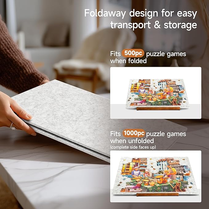 Tektalk Foldable Jigsaw Puzzle Board with 3 Angle Adjustable Bracket/Stand, Lightweight Portable Puzzle Mat Plateau with Wooden Easel, Foldaway Felt Puzzle Table, for Up to 1000 Pieces (Light Gray)