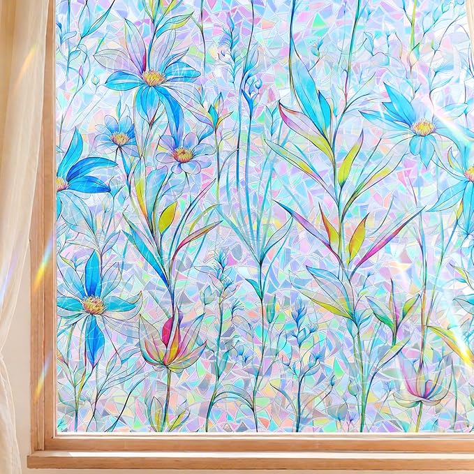 FINNEZ Window Privacy Film Stain Glass Film Flowers Rainbow Window Film Window Clings Non-Adhesive Reusable Decorative for Home（Blue Lotus，17.5 Inch x 13.1 Feet）
