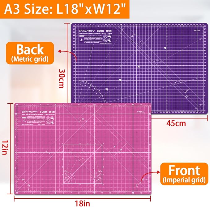 Self Healing Cutting Mat A3 12"x18" – Double Sided 5-Ply Craft Mat for Sewing, Quilting, Fabric, Scrapbooking – Pink/Purple