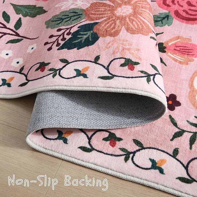 Rugcomf Living Room Rug 6x9 Machine Washable Boho Area Rug Non Slip Floral Vintage Low Pile Large Carpet for Bedroom, Farmhouse, Dining Room, Kids Playroom(Pink)