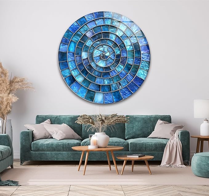 My Photostation.com 15.8''(40cm) Diameter Blue Aqua Spiral Harmony Round Glass Wall Art Tempered Glass Printing Wall Decor Large Wall Art Wall Hangings