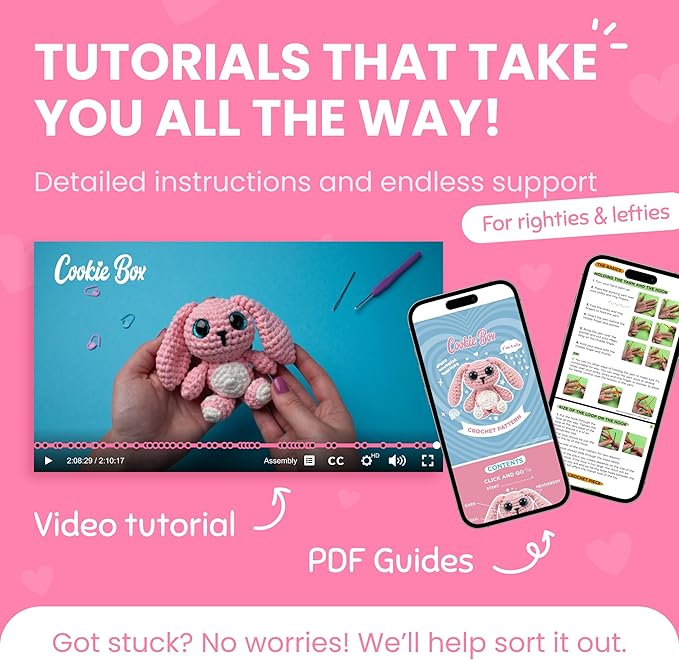 Cookie Box Crochet Kit for Beginners – Gift Set to Make Bunny Lola Amigurumi Plushie – Easy DIY Crochet & Knitting Starter Kit with Video and PDF Tutorials
