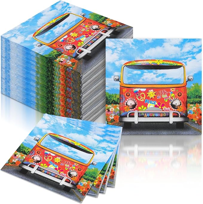 60 Pcs 60's 70's Hippie Party Cocktail Paper Napkins 6.5 x 6.5 Inches Disposable Paper Napkins Dessert Beverage Napkin for Decoupage Luncheon Napkin for Theme Party Wedding Birthday