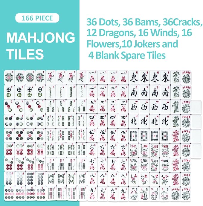 American Mahjong Game Set, 166 Light Green Tiles, Blue Bag with Entire Accessories, 4 All-in-One Rack/Pushers, Mahjong Tiles Set