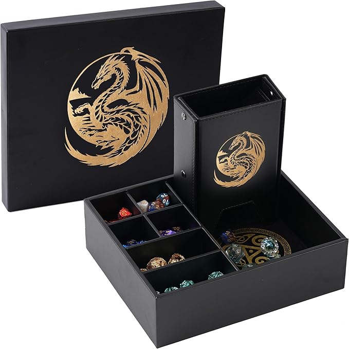 Dice Tray and Dice Tower for DND: All-in-One Tray, Storage & Large Tower for Random Rolls - Stores Your Sets, Mini's etc, Perfect for D&D and RPG Gift Accessories (Gold Dragon)