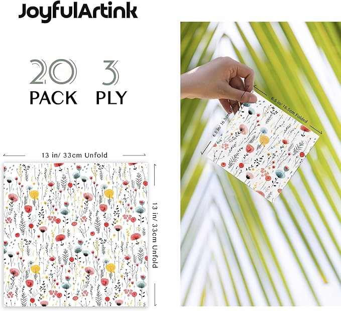 20 pcs Premium Designer Paper Napkins, 3-Ply 6.5x6.5-inches Disposable Decorative Fall Paper Guest Floral White Napkin for Wedding Birthday Anniversary Lunch Dinner Party Baby Shower