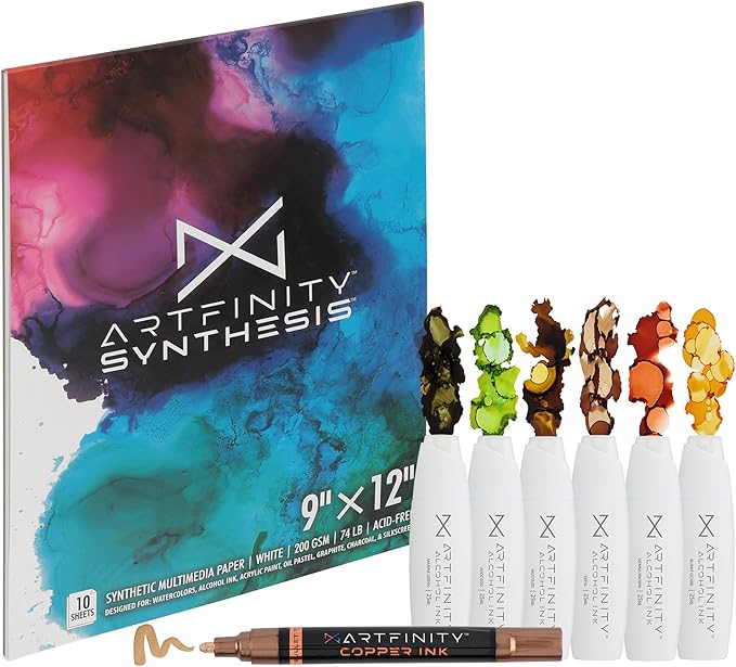 Alcohol Ink - Earth Tones Set, 8 Pieces | 10 Sheets 9x12 Multimedia Paper | Fast-Drying, Permanent, Transparent Alcohol Inks for Gloss Paper, Glass, Metal | 25 ml Bottles | Copper Ink Pen