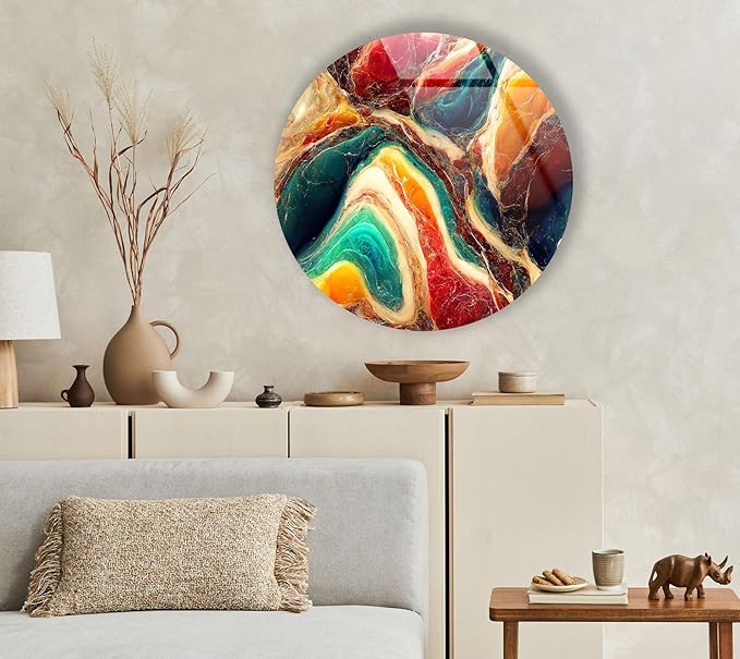 My Photostation.com 31.5''(80cm) Diameter Colorful Marble Swirl Round Wall Art Abstract Glass Decor with Earthy Tones & Gemstone Texture