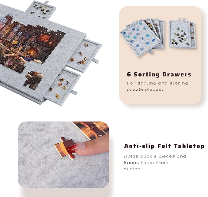 Lavievert Tilting Puzzle Board with 2-in-1 Designed Stand & Cover, Super Lightweight Felt Puzzle Plateau with 6 Drawers for Adults, Portable Jigsaw Puzzle Table for Up to 1000 Pieces – Light Gray