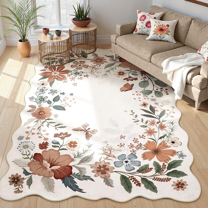 Beeiva Living Room Area Rug 6 x 9 - Scalloped Floral Printed Boho Flower Rugs for Bedroom Playroom Soft Non Slip Large Aesthetic Carpet for Nursery Dorm Office(Beige,6x9ft)