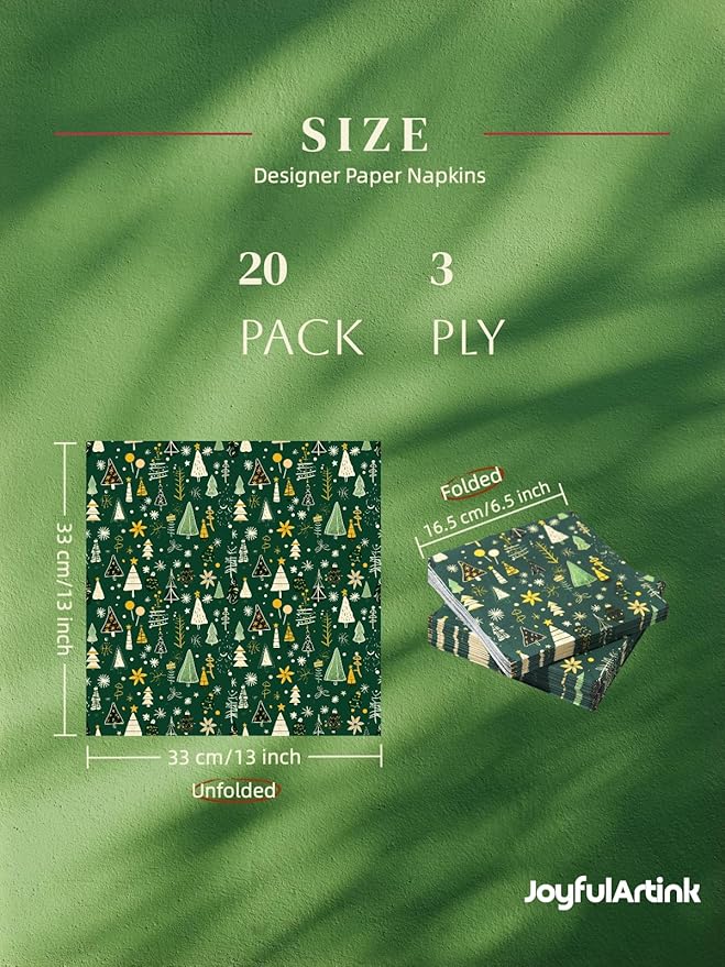 Premium Designer Paper Napkins, 3-Ply 6.5 x 6.5-inches Fold Disposable Decorative Winter Guest Christmas Holly Green Festive New Year Tree Party Lunch Dinner Napkin (20, Festive Green)