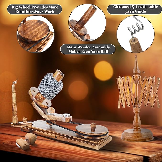 Handcrafted Wooden Yarn Ball Winder and Tabletop Swift - Winds 8-12 oz Yarn Balls for Crocheting & Knitting Craft, Durable and Smooth Yarn Winding Set (Antique Winder and Swift)