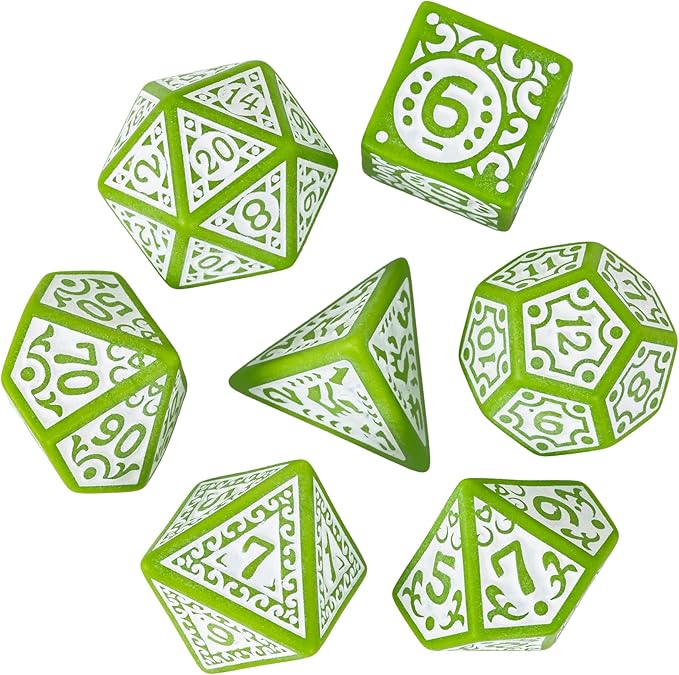 7-Die DND Dice Set New Pattern Polyhedral Dice Set with Leather Bag D&D Die for RPG Table Games(Green White)