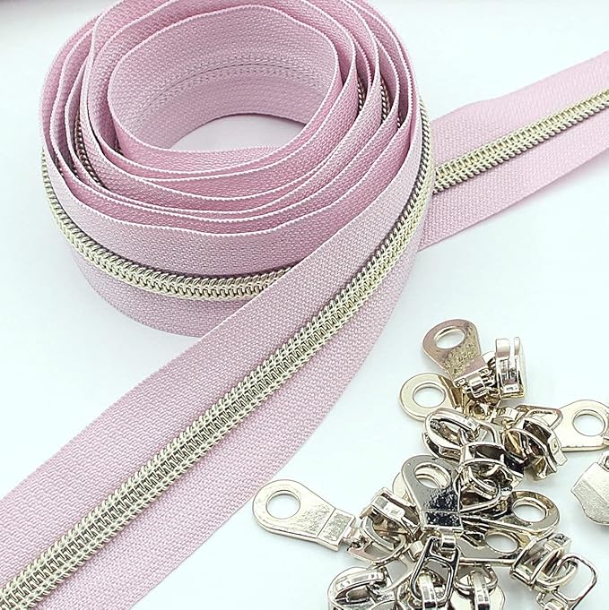 Leekayer #5 Metallic Nylon Coil Zippers by The Yard Bulk 10 Yards Light Gold Teeth Zipper Pink Tape with 25pcs Gold Sliders for DIY Sewing Tailor Craft Bag(Pink)