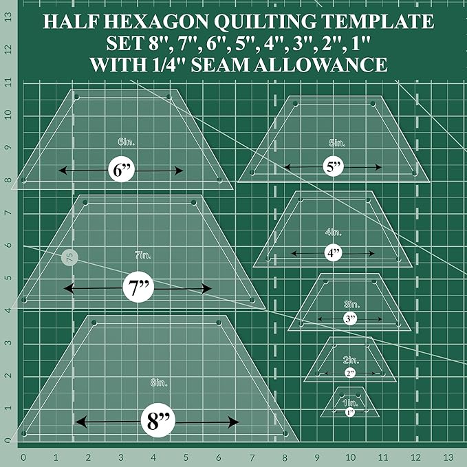 Hexagon Quilting Template Set - 8", 7", 6", 5", 4", 3", 2", 1" Sizes with 1/4" Seam Allowance - Durable Acrylic Templates for Quilting, Patchwork, Crafting, & Sewing Projects