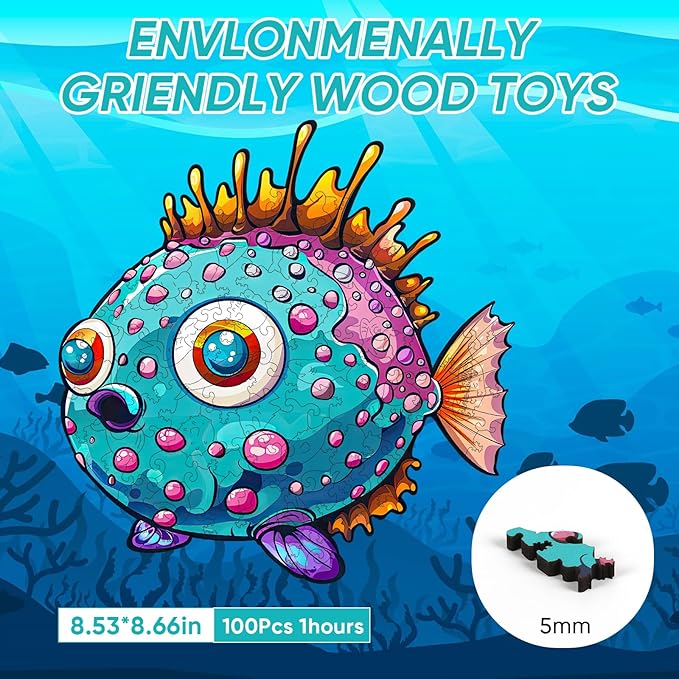 Wooden Puzzles for Kids,100 Pieces Ocean Puzzle,Unique Fish Shaped Wooden Puzzle, Preschool Puzzle Toys, Give Your Kids/Grandchildren, Suitable for Family Games