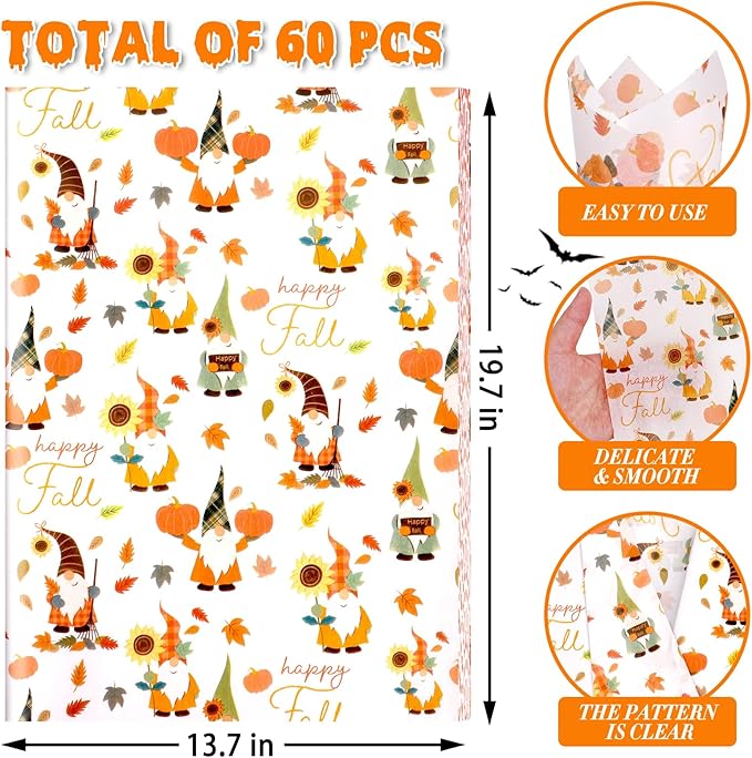 Azurestore 60 Sheets Fall Tissue Paper, Orange Gnomes Patterns Gift Tissue Paper for Gift Bags & Gifts Wrapping, Pumpkin Leaves Print Art Packaging for Autumn Harvest Thanksgiving Party Decor Craft