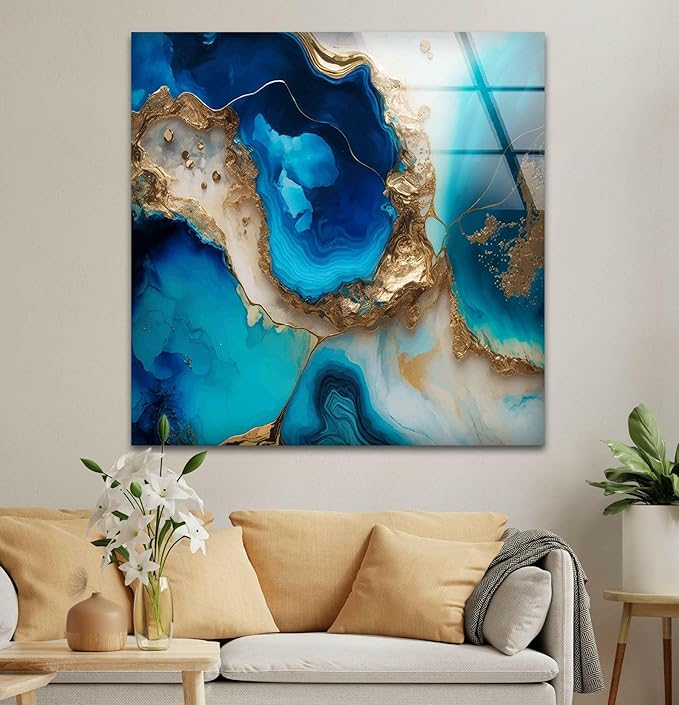 My Photostation.com 35.5Wx30H'' Blue Alcohol ink Glass Wall ArtTempered Glass Printing Wall Decor Large Wall Art Wall Hangings