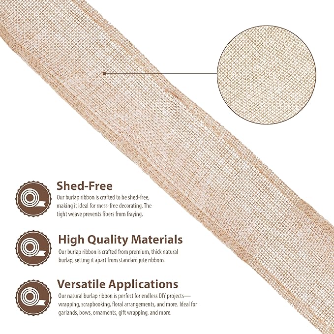 Mandala Crafts Natural Burlap Ribbon 2.5 Inches Wide Jute Ribbons for Crafts - 20 Yds Roll Rustic Burlap Wrap Trim Ribbons for Wreaths Bows Wedding Party Decoration