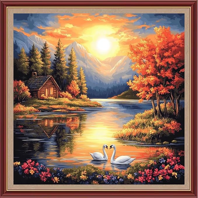 DMCXART Counted Cross Stitch Kits for Adults Needlepoint Kits Unprinted Cross Stitching Embroidery Kit 11CT Cross Stitch Supplies-Sunrise Scenery by The Lake 18x18 inch